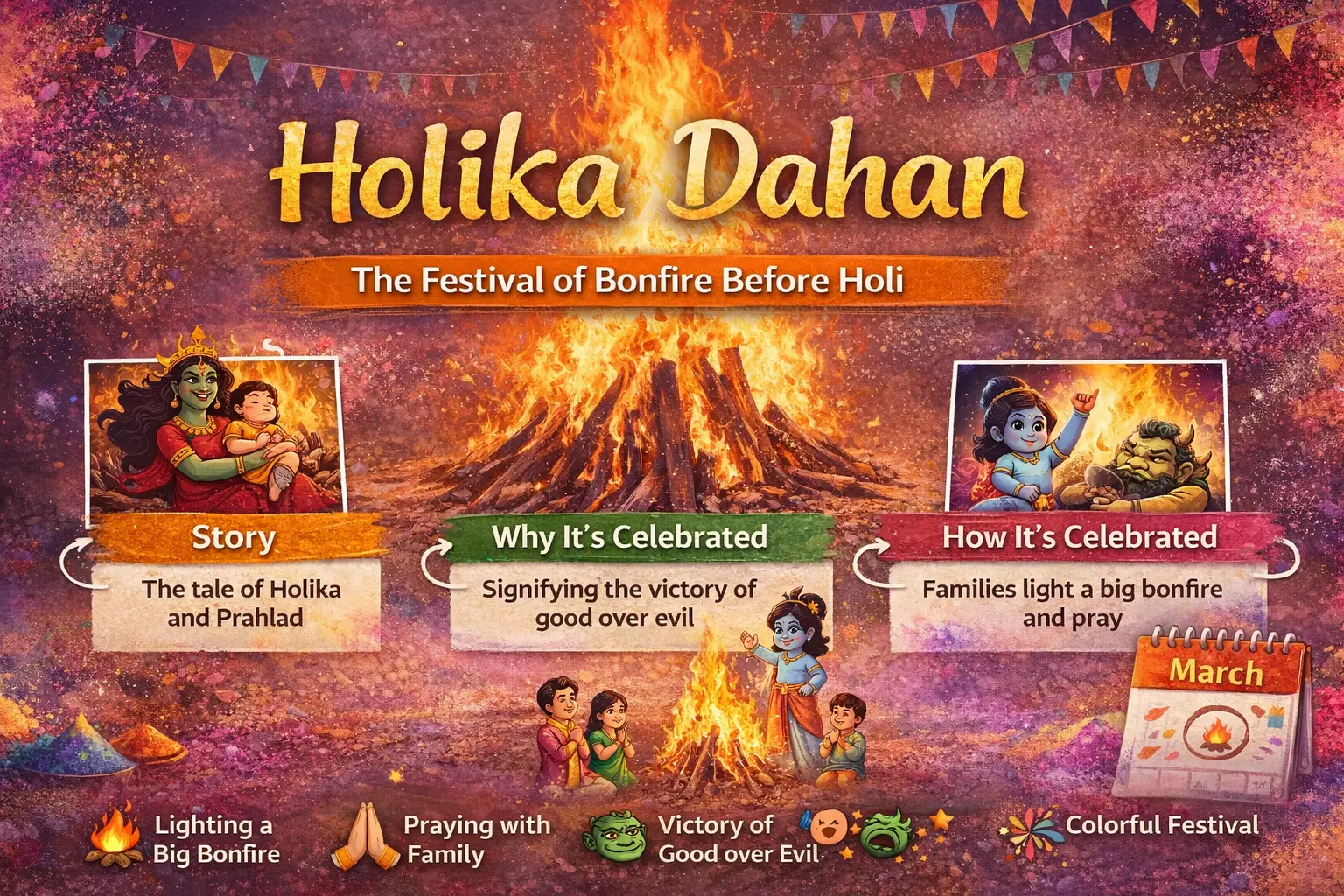 Holika Dahan – Meaning, Story, Puja Vidhi, Date and Importance